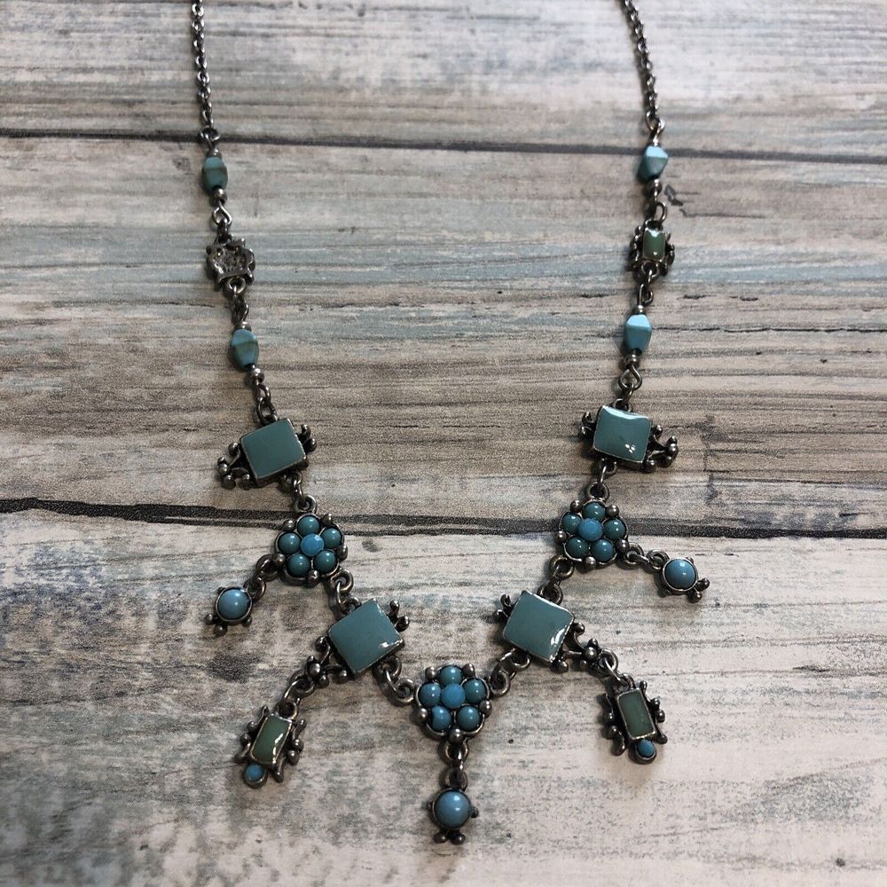 Turquoise Blue Enamel Necklace Silverโ Tone Statement 16"